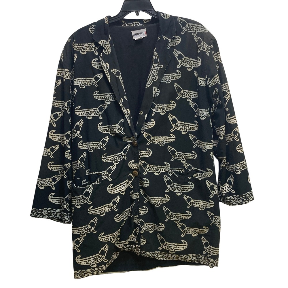 Vintage Import-1 Womens Black Cotton 2X Crocodile Print Blazer Jacket India
